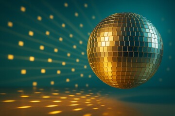 Obraz premium Golden disco ball with glowing reflections and square light patterns on teal background, symbolizing party atmosphere and celebration concept.