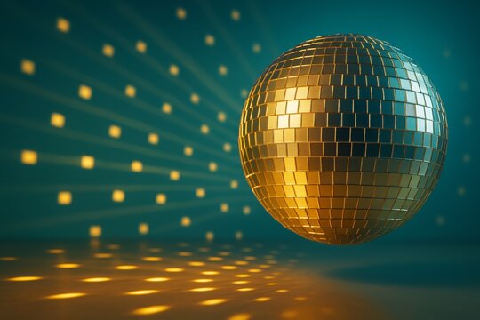 Golden disco ball with glowing reflections and square light patterns on teal background, symbolizing party atmosphere and celebration concept.