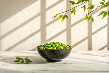 Fresh edamame beans in stylish bowl with vibrant green leaves for healthy snack