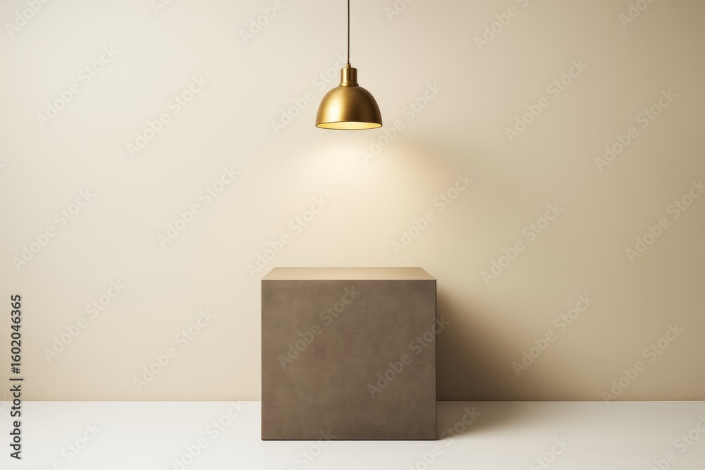 Poster Minimalist lighting and cube platform on beige background for product display or branding mockup with empty space and soft shadows.