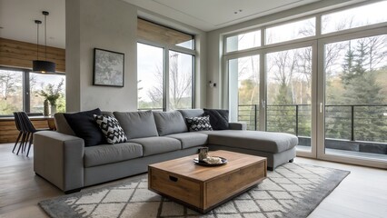 Fototapeta premium Living Room with Grey Sectional and Black Accent Pillows