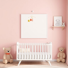 Blank Canvas Frame Mockup in a Stylish Childrens Room Colorful Pastel Wall Decor Soft Plush Toys Playful Whimsical Theme Ideal for Art Display Attractive Portrait Orientation Modern Home Design 3D Ren