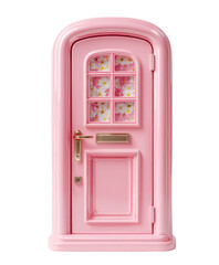 Obraz premium Charming pink fairy door with decorative window and golden handle isolated on transparent background