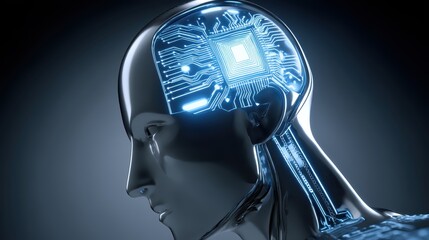 A futuristic metallic human head with a glowing microchip and electronic circuits integrated into the brain area, symbolizing artificial intelligence
