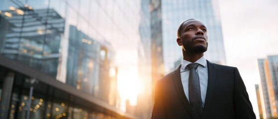 Confident businessman in a suit stands outside modern glass buildings at sunrise, looking ahead with determination