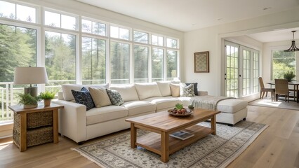 Fototapeta premium Living Room with White Sectional and Wooden Coffee Table