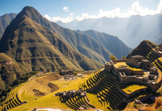 Andean agricultural terraces cascading down towards Pumamarca ruins, Ollantaytambo, Inca, Ollantaytambo - Powered by Adobe