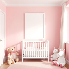blank canvas mockup in child room pastel decor whimsical theme with plush toys portrait orientation crib poster display 3d rendering vibrant colors imaginative design for kids room decoration ideas