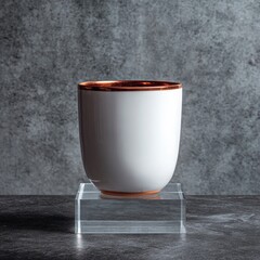 White ceramic mug with copper rim on display