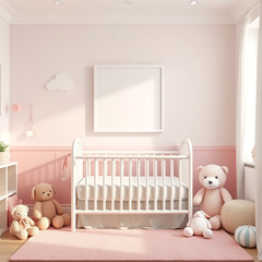 blank picture frame mockup in a stylish room pastel wall design with plush toys whimsical child-friendly decor creative interior display 3d render vibrant colors ideal for artistic presentations