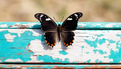 Fotobehang  Black Butterfly on Vintage Blue Wood, Boho Style Rustic Nature Texture  © Nishan