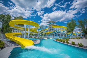 A bright water park with yellow slides, clear blue pools, and lush green trees under a partly cloudy sky on a sunny day
