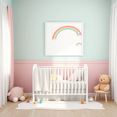 blank canvas frame mockup in dreamy girl room featuring portrait layout soft pastel wall decor with enchanting plush toys perfect for whimsical children’s nursery poster design showcase 3d visualizati