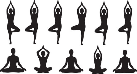 Yoga Poses Woman Silhouette, Set Isolated Over White Background