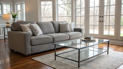 Fototapeta premium Modern Living Room with Glass Coffee Table and Grey Sofa
