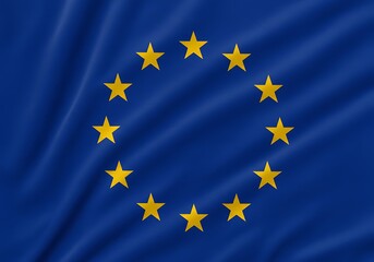 Symbolic European Union banner, blue fabric displaying a prominent ring of golden stars.

