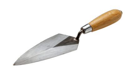 Gardening trowel, high-quality stainless steel with a wooden handle, isolated on a white background.