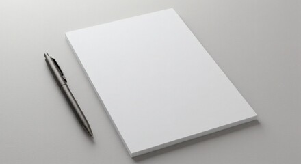 Minimalist office desktop with a clean stack of blank white paper sheets and a sleek metallic pen, a perfect mockup for business or creative concepts
