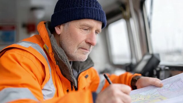 The Mariner's Map: A seasoned mariner intently studies a nautical chart, making calculations and planning a course on his vessel, focused on precise navigation.