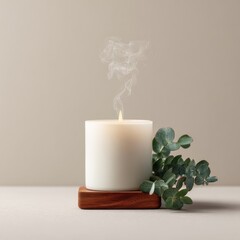 White candle with eucalyptus sprigs on a wooden stand, subtle smoke