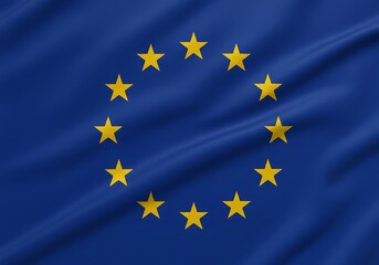 Close-up of the EU flag, blue background with 12 shimmering gold stars, soft ripples.

