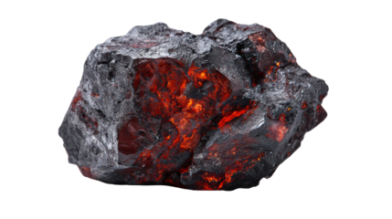 Lava rock with glowing red hot interior on black background.