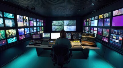 A person sits in a high-tech control room surrounded by multiple screens displaying various video feeds and graphics