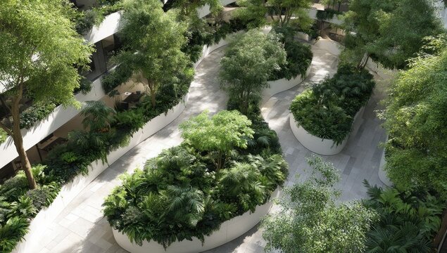 Lush greenery in a modern, indoor courtyard.  Elevated view of a landscaped atrium with curving pathways, various plant species, and light-colored flooring - Powered by Adobe