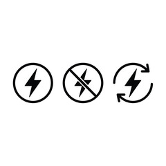 Black Lightning Bolt Icons in Circles with Prohibition and Recycle Symbols