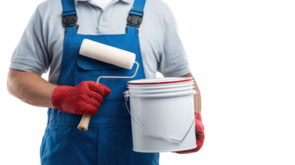 Person holding paint roller and bucket, ready for home improvement, white isolated background.