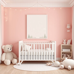 Blank Canvas Mockup in a Whimsical Childrens Room Cozy Decor with Soft Pastel Colors Plush Toys Frame Display Portrait Orientation Ideal for Nursery Art Posters Creative Interior Design 3D Rendering