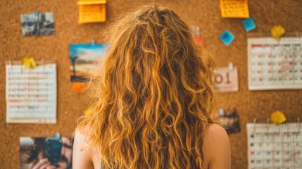A person with curly hair stands in front of a corkboard filled with calendars, notes, and photos, appearing to plan or organize