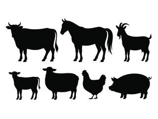 Black Silhouettes of Farm Animals on White Background