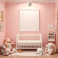 blank canvas mockup for art in a stylish child room playful design vertical frame display pastel color scheme with plush toys whimsical decor for kids 3d rendering for interior decoration collection