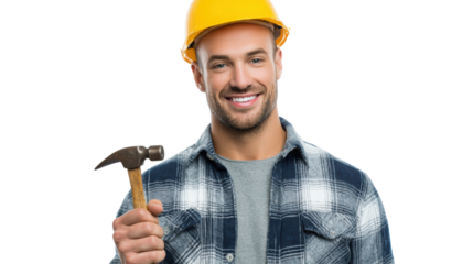 Smiling male construction worker holding a hammer, wearing a hard hat and flannel shirt, on a white isolate background.