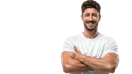 Smiling man with crossed arms in a white shirt against a white background.