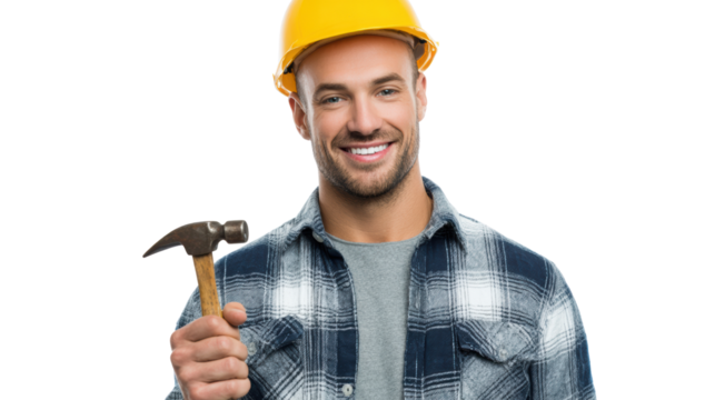 Smiling male construction worker holding a hammer, wearing a hard hat and flannel shirt, on a white isolate background. - Powered by Adobe