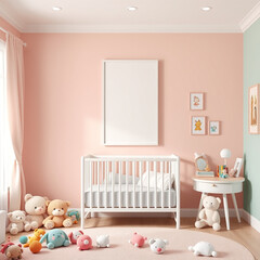 blank canvas frame mockup in a stylish children's room pastel wall decor with plush toys whimsical design perfect for nursery art showcase modern interior design illustration 3d rendering