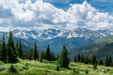 Obraz premium Mountain vista with snow-capped peaks and pine forest