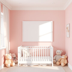 blank canvas mockup in a cozy children's room portrait layout framed artwork display pastel soft tones plush toys whimsical decor 3d rendered design nursery wall art showcase creative presentation