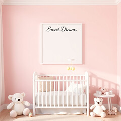 frame mockup for kids room pastel colored wall whimsical children's theme 3d render portrait orientation nursery decor crib side poster display soft toys playful atmosphere ideal for design showcasing
