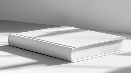 A pristine, thick, white hardcover book rests on a white surface, bathed in soft, dappled sunlight casting elongated shadows