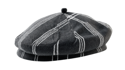 Stylish black and white striped beret hat on white isolated background.