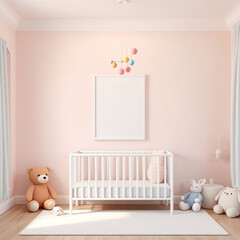 blank picture frame mockup in a girl's room pastel wall playful decor plush toys whimsical design portrait layout nursery art 3d render child themed interior design customizable poster frame