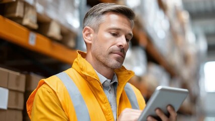 Warehouse Inspector with Tablet: A focused warehouse inspector, meticulously reviewing data on a tablet amidst rows of inventory shelves. - Powered by Adobe