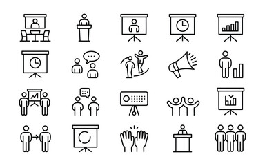 Fototapeta premium Business Meeting & Presentation Icons Vector Set: Conference, Public Speaking, Training & Success - Line Art Collection