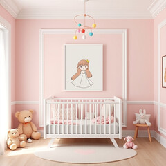 Blank Canvas Picture Frame Mockup in Stylish Room Charming Decor Soft Pastel Colors Whimsical Childrens Theme Cozy Atmosphere 3D Render Ideal for Artists Designers Home Decor Projects