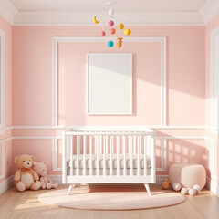 Blank frame mockup in a beautiful children's room pastel colored wall with adorable plush toys whimsical decor portrait orientation 3D rendering perfect for showcasing art prints or posters