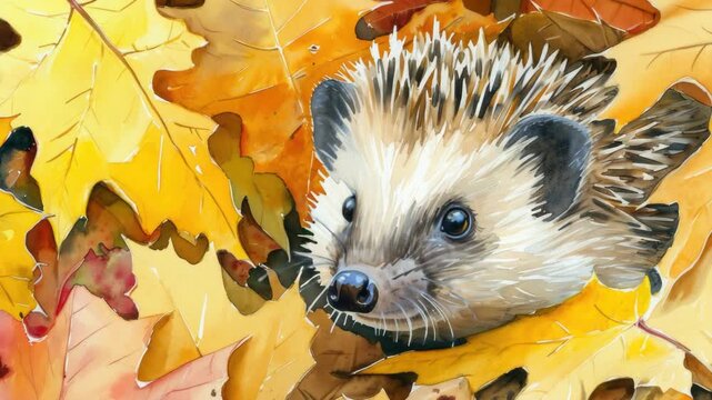 An adorable hedgehog exploring autumn's vibrant leaves.