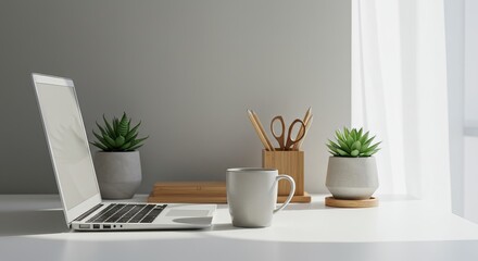 Obraz premium Clean minimalist desk with white laptop, ceramic coffee mug, small succulent plant, wooden desk organizer, natural lighting, Scandinavian design aesthetic, work from home concept, commercial lifestyle